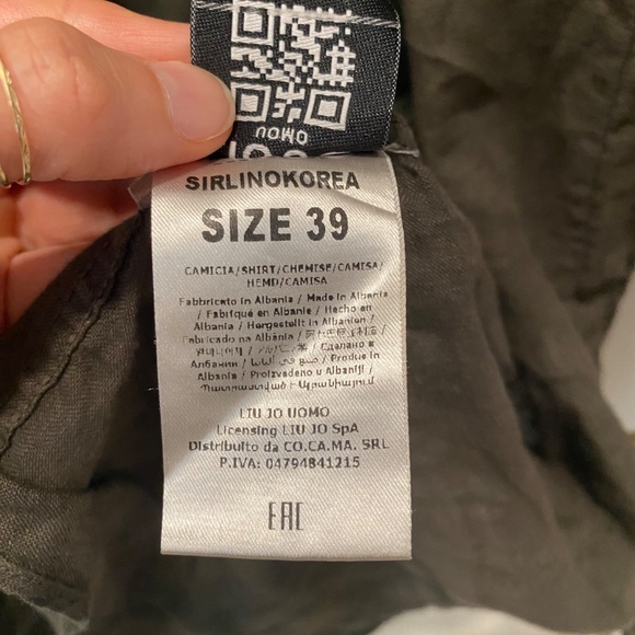 Liu Jo Uomo 100% Linen Military Green Summer Shirt Long Sleeves Size 15 1/2 - Picture 8 of 9